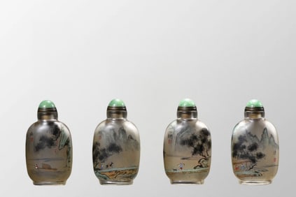 A Set Four Old Chinese Peking Glass Inside Painting Mountain River Scene Figure Design Snuff Bottle