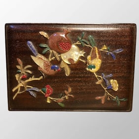 Superb Chinese Huanghuali Wood Inlay Shell Magpie & Pomegranate Design Box