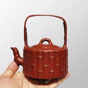 Chinese Yixing Zisha Clay Handle Teapot w Artist Signed - Wang Guo Wang