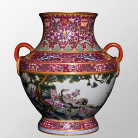 Chinese Qing Dynasty Rouge Red Glaze Famille Rose Pine Tree & Crane Design Porcelain Pot