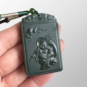 Chinese Natural Deep Green Hetian Jade Laughing Buddha Pendant