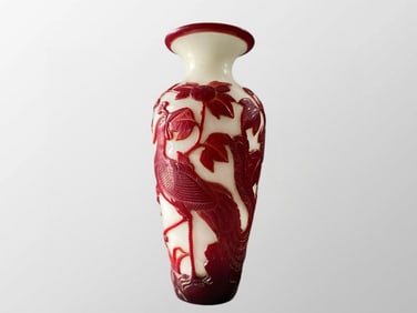 Chinese Red Peking Glass High Relief Phoenix Peony Design Vase