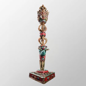 Tibetan Buddhism Gilt Gold Copper Inlay Turquoise & Gem Pestle XiangMo Statue