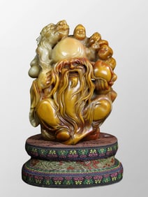 Vintage Chinese Shoushan Stone Carved Longevity Taoism Deity Seal Statue w Box