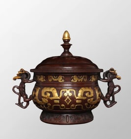 Vintage Chinese Gilt Gold Copper Double Ear Beast Incense Burner