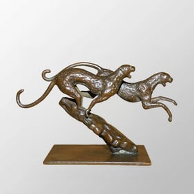 Vintage Chinese Brass Double Leopard Statue