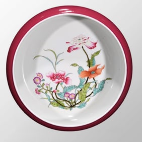 Chinese Qing Dynasty Rouge Red Glaze Famille Rose Flowers Design Porcelain Brush Washer