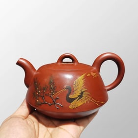 Chinese Yixing Zisha Clay Pine Tree & Crane Teapot w Artist Signed