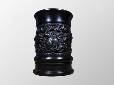 Vintage Chinese Sandalwood Wood Fortune Lion Brush Pot