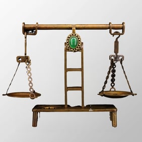 Vintage Chinese Brass Inlay Green Jade Weight Apparatus - Balance