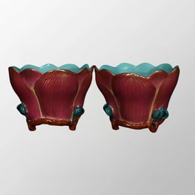 A Pair Chinese Qing Dynasty Gilt Edge Rouge Red Glaze Lotus Flower Porcelain Cups