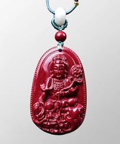 Chinese Cinnabar Lotus Flower Kwan-yin Pendant