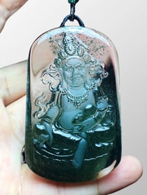 Beautiful Natural Green Crystal Carved Yellow Jambhala Pendant