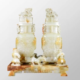 A Pair Superb Chinese Qing Dynast Hetian Jade Fortune Bird Vases w Base