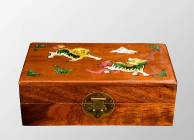 Chinese Natural Huali Wood Inlay Shell Fortune Lion Jewellery Box