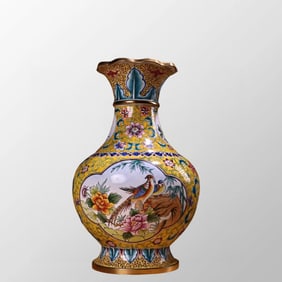 Old Chinese Gilt Gold Bronze Enamel Flowers & Bird Design Vase