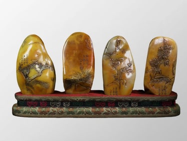 A Set Four Vintage Chinese Shoushan Stone Carved Plum Flower & Orchid & Bamboo & Chrysanthemum Seal