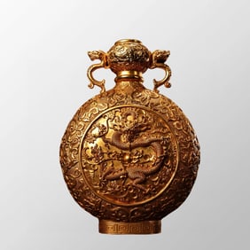 Chinese Gilt Gold Copper Dragon & Fireball Design Vase