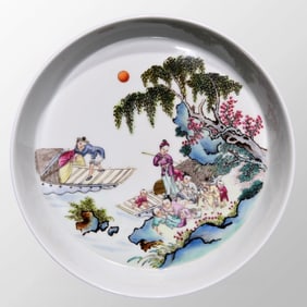 Chinese Qing Dynasty Famille Rose Figure & Boat Design Porcelain Brush Washer