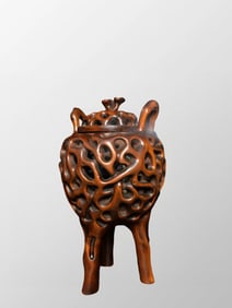 Openwork Chinese Boxwood Wood Carved Double Ears 3 Legs Incense Burner