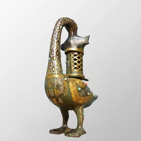 Vintage Chinese Gilt Gold-plated Silver Bronze Duck Shape Oil Lamp