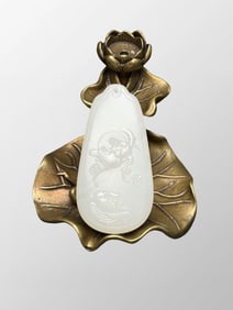 Chinese Natural White Hetian Jade Carved Lotus Flower Pendant