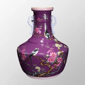 Chinese Qing Dynasty Gilt Edge Purple Glaze Famille Rose Flower Bird Design Porcelain Vase