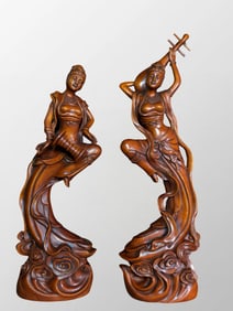 A Pair Chinese Boxwood Wood Carved Woman Statues