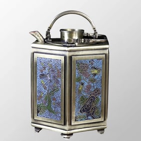 Chinese White Copper Cloisonne Handle Teapot