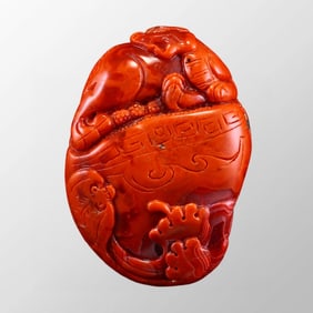 Chinese Nanhong Agate Fortune Beast & Bat Pendant