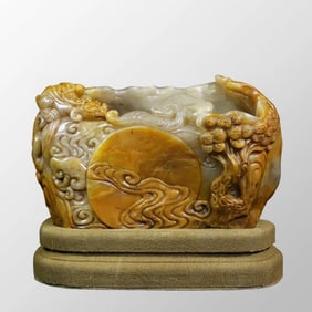 Vintage Chinese Shoushan Stone Tianhuang Stone High Relief Chi Dragon Brush Washer w Box