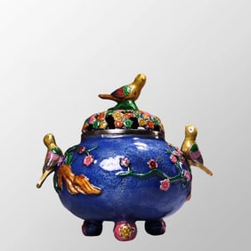 Vintage Chinese Bronze Cloisonne Plum Flower & Magpie Incense Burner