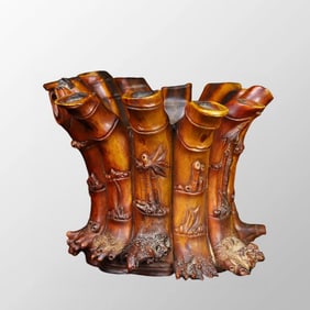 Vintage Deer Horn Carved Bamboo Brush Pot