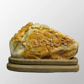 Vintage Chinese Shoushan Stone Tianhuang Stone Low Relief Chi Dragon Brush Washer Statue w Box