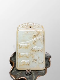 Vintasge Chinese Hetian Jade Carved Five Ox Pendant