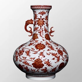 Chinese Gilt Gold Iron Red Glaze Flower Design Chi Dragon Double Ears Porcelain Vase