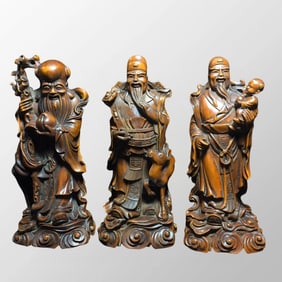 Three Chinese Boxwood Wood Carved Taoism Deity Fukurokuju Statues