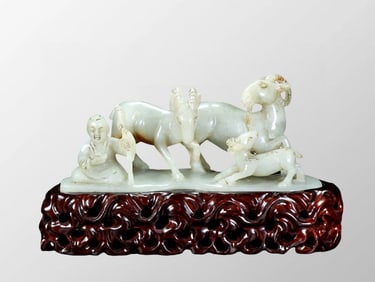 Vintage Chinese Hetian Jade Carved Three Sheep Statue