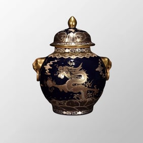 Chinese Qing Dynasty Gilt Gold Blue Glaze Clouds Dragon Design Porcelain Pot