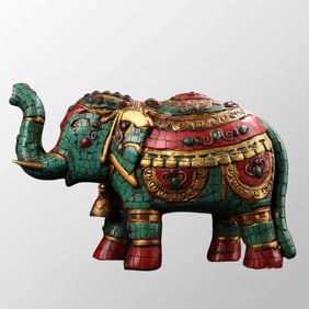 Tibetan Buddhism Gilt Gold Bronze Inlay Turquoise & Gem Elephant Statue
