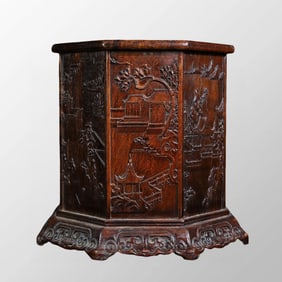 Chinese Huali Wood Low Relief Idyllic Scenery Brush Pot