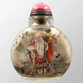 Old Chinese Peking Glass Inside Painting Longevity Taoism Deity Design Snuff Bottle
