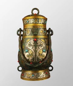 Chinese Han Dynasty Gilt Gold-plated Silver Bronze Inlay Gems Handle Pot