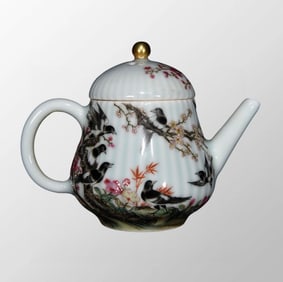 Chinese Gilt Gold Famille Rose Plum Flower & Magpie Porcelain Teapot