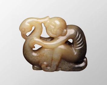 Old Chinese Hetian Jade Carved Swan & Kid Pendant