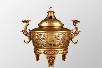 Old Chinese Gilt Gold Bronze Double Ears Fortune Dragon Incense Burner