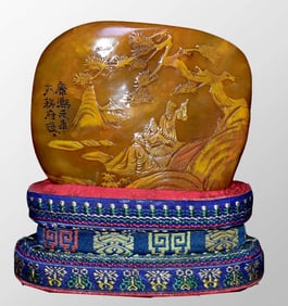 Superb Chinese Shoushan Stone Tianhuang Stone Carved Pine Tree & Figure Statue