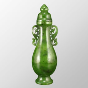 Superb Chinese Green Hetian Jade Double Ears Vase w Lid