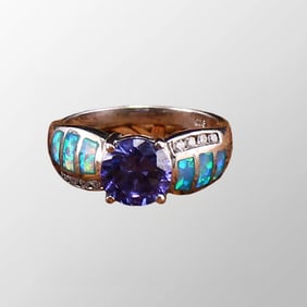 Amethyst Opal Aquamarine 925 Silver Ring US size 8