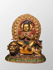 Vintage Chinese Gilt Gold Bronze Colored Drawing Manjushri Bodhisattva Statue